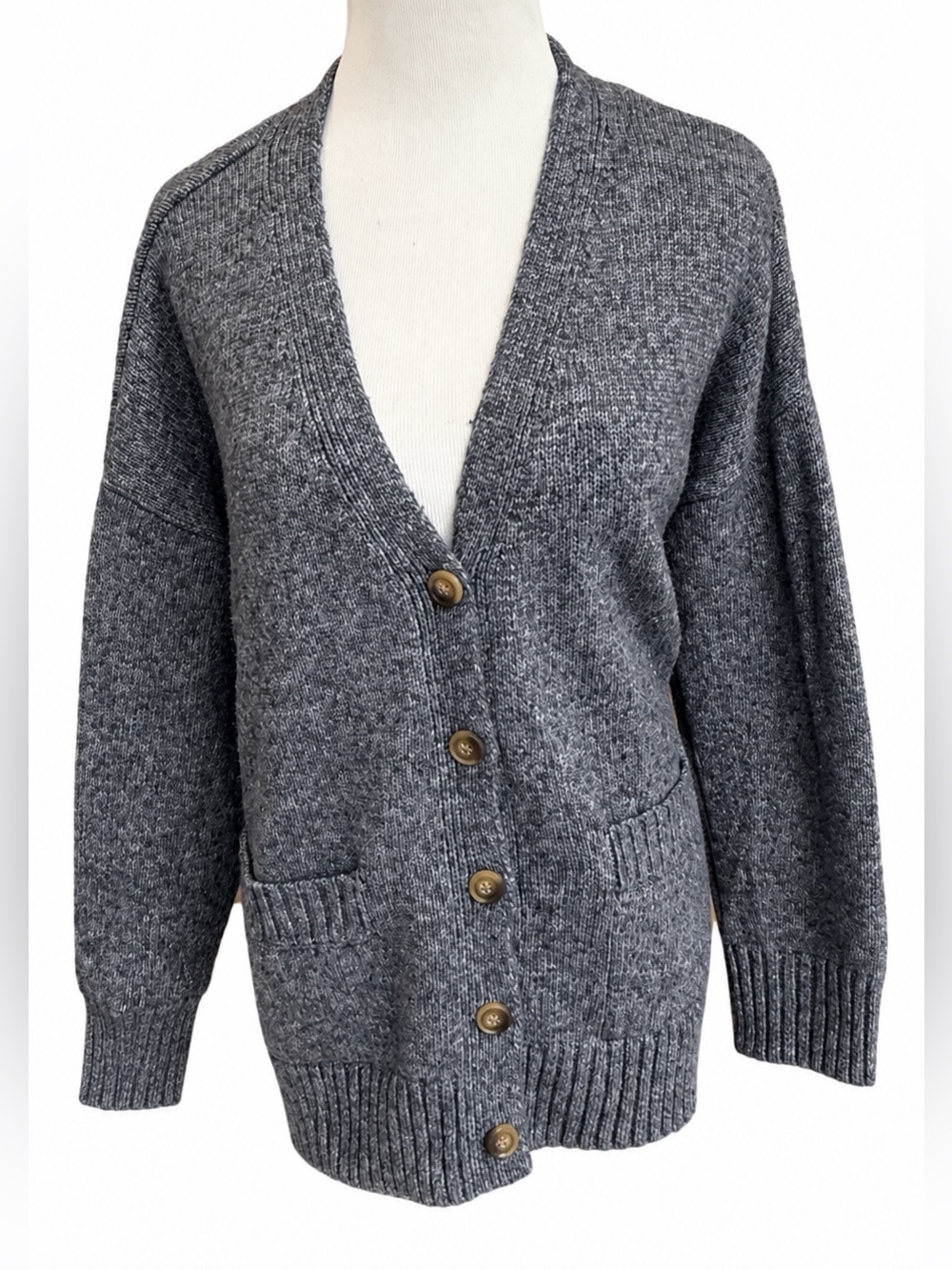 Ella Moss Heather Gray Button-Up V-Neck Cardigan